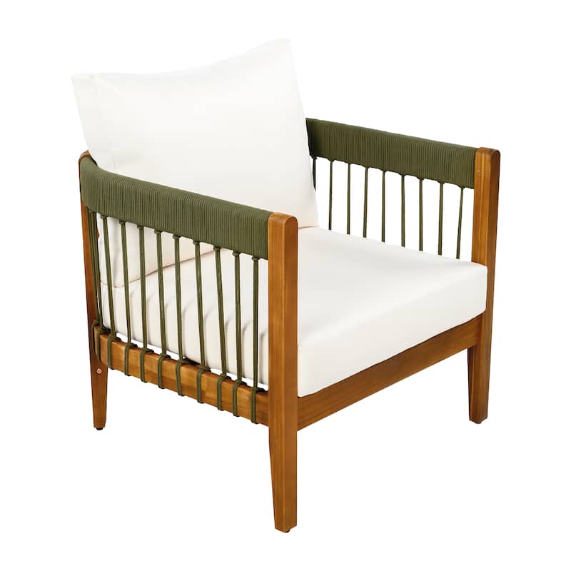 Acacia Wood Outdoor Club Chair with Handwoven Rope Accents & Curved Backrest - Water-Resistant with Removable Cushions