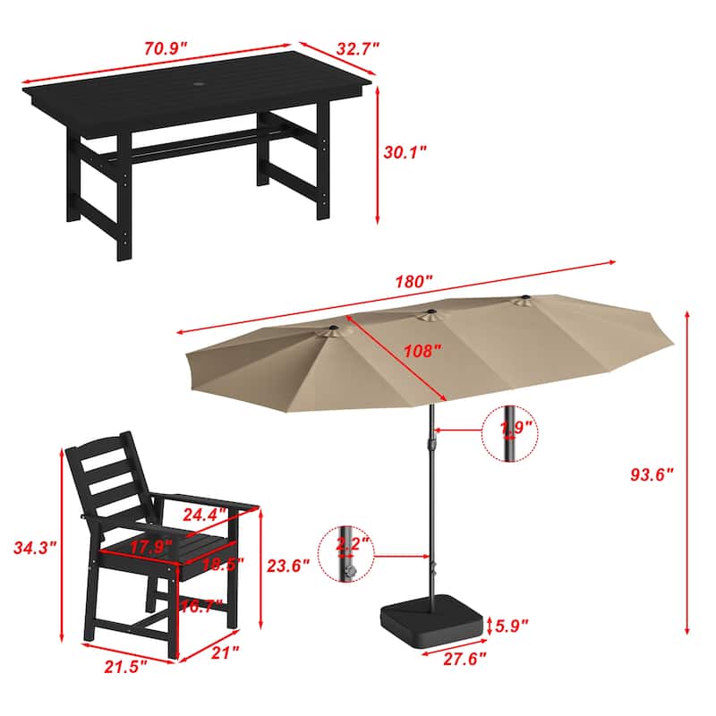 Outdoor Dining Table and Chair Set: HDPE Material, Wood - Grain Design