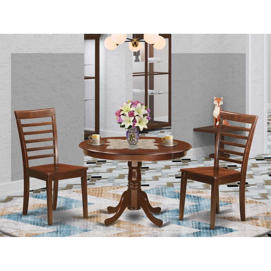 3-Piece Mahogany Finish Solid Wood Top - Round Dining Room Set - Seats 4