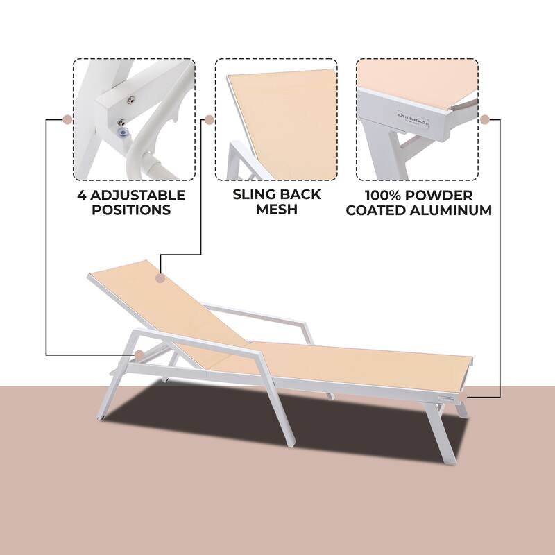 Marlin Rust-Resistant Aluminum Chaise Lounge - Adjustable 4-Position Outdoor Tanning Chair with Armrests