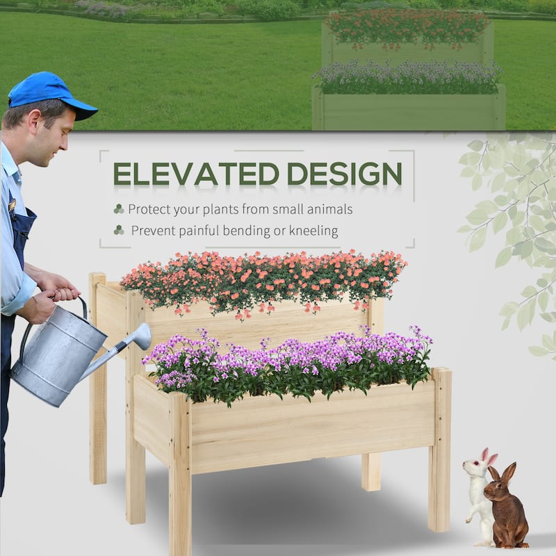 Outsunny 34"x34"x28" 2-Tier Raised Garden Bed Wooden Planter Box for Backyard, Patio to Grow Vegetables, Herbs, and Flowers