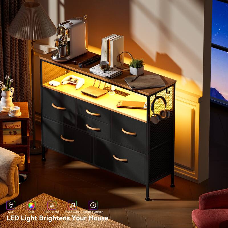 Dresser for Bedroom TV Stand with Power Outlets and LED Light, 6 Dresser with Shelves for 45" TV, PU Finish