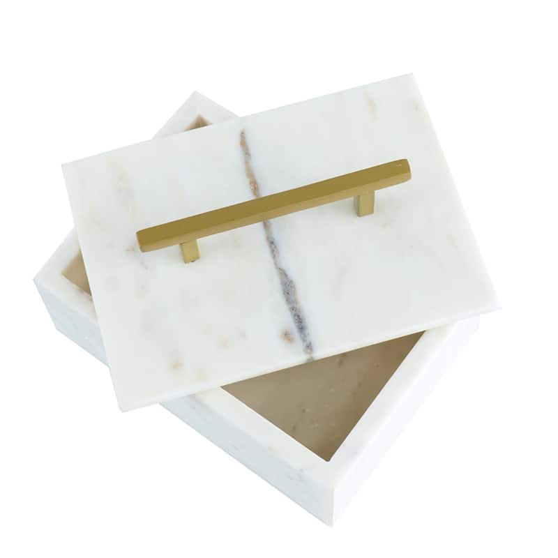 Rectangular Marble Box with Brass Finish Handle - 7" - White