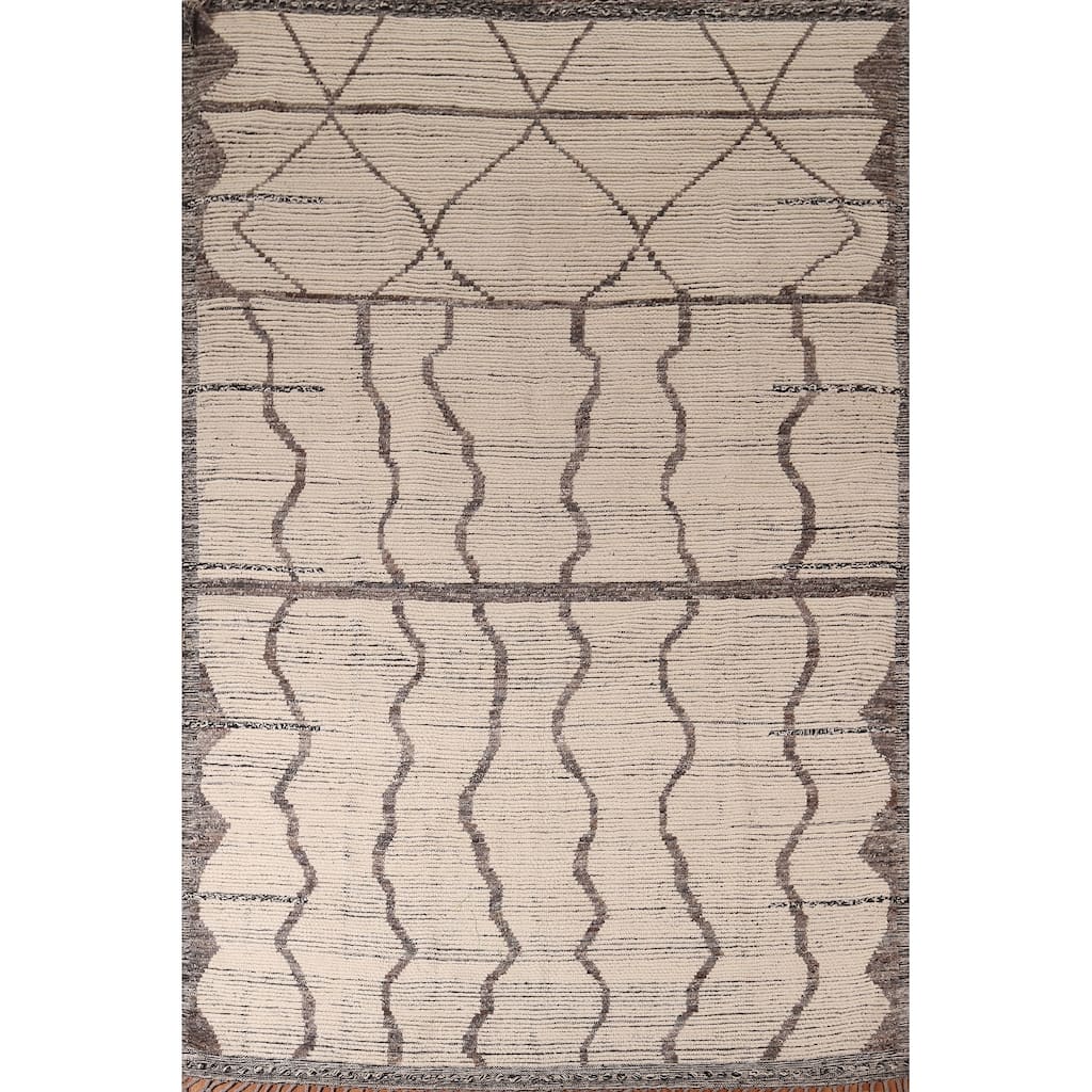 All-Over Striped Moroccan Abstract Area Rug Hand-Knotted Wool Carpet - 7'8"x 10'10"