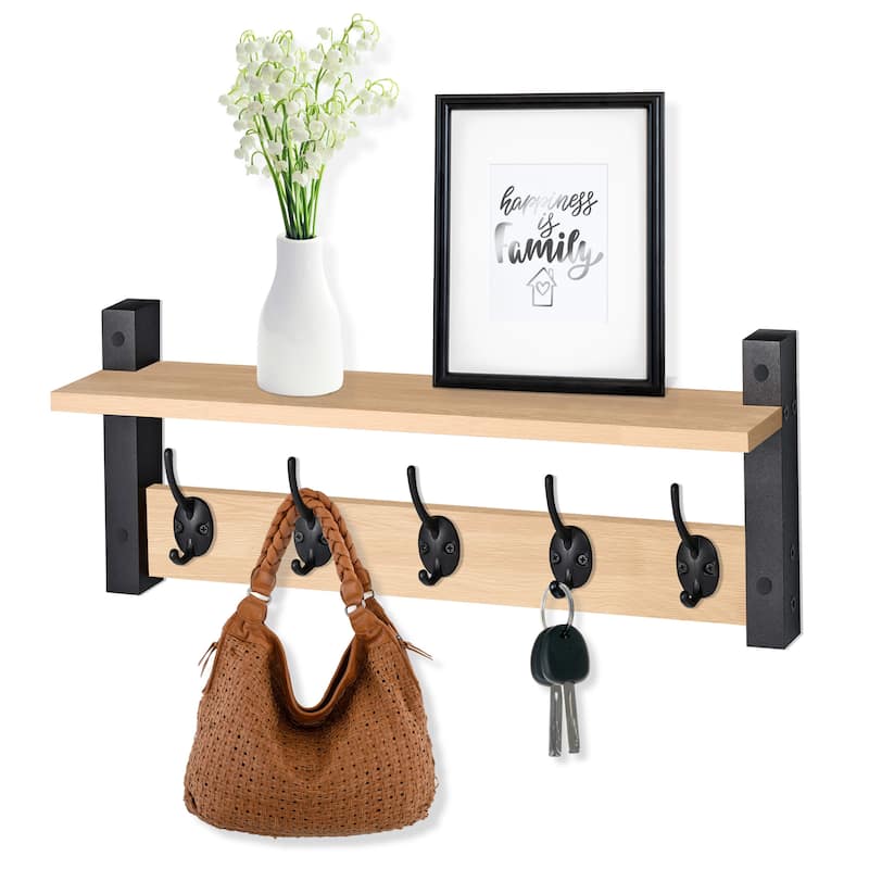 Sorbus Coat Hooks Wall Mount Floating Shelf with 5 Heavy Duty Hooks, Large and Extra Large - Maple - Extra Large