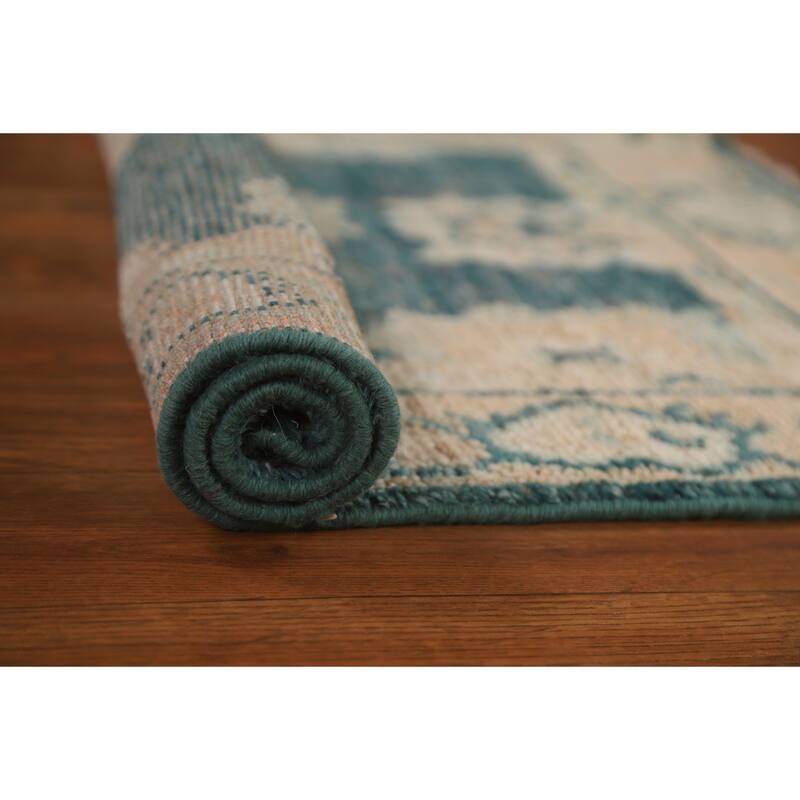 Hand Knotted Oriental 100% Wool Carpet Transitional Geometric Green Oushak Area Rug - 2' 10'' X 2' 1''