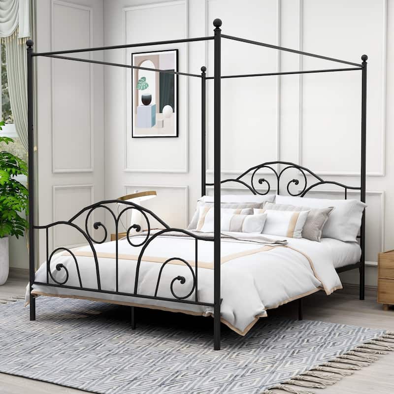Aufank Vintage Four Post Metal Canopy Bed Frame - Black - Queen