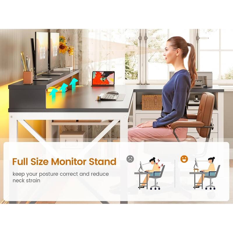 L Shaped Desk 55" Home Office Desk Drawers Storage Shelves