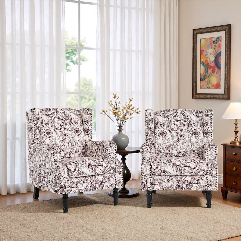 2 Set Traditional Patterned Wingback Accent Chairs with NailHead - Rococo Plum