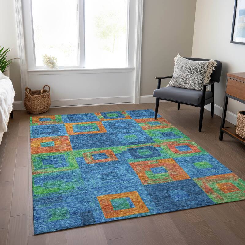 Machine Washable Indoor/ Outdoor Contemporary Blocks Chantille Rug