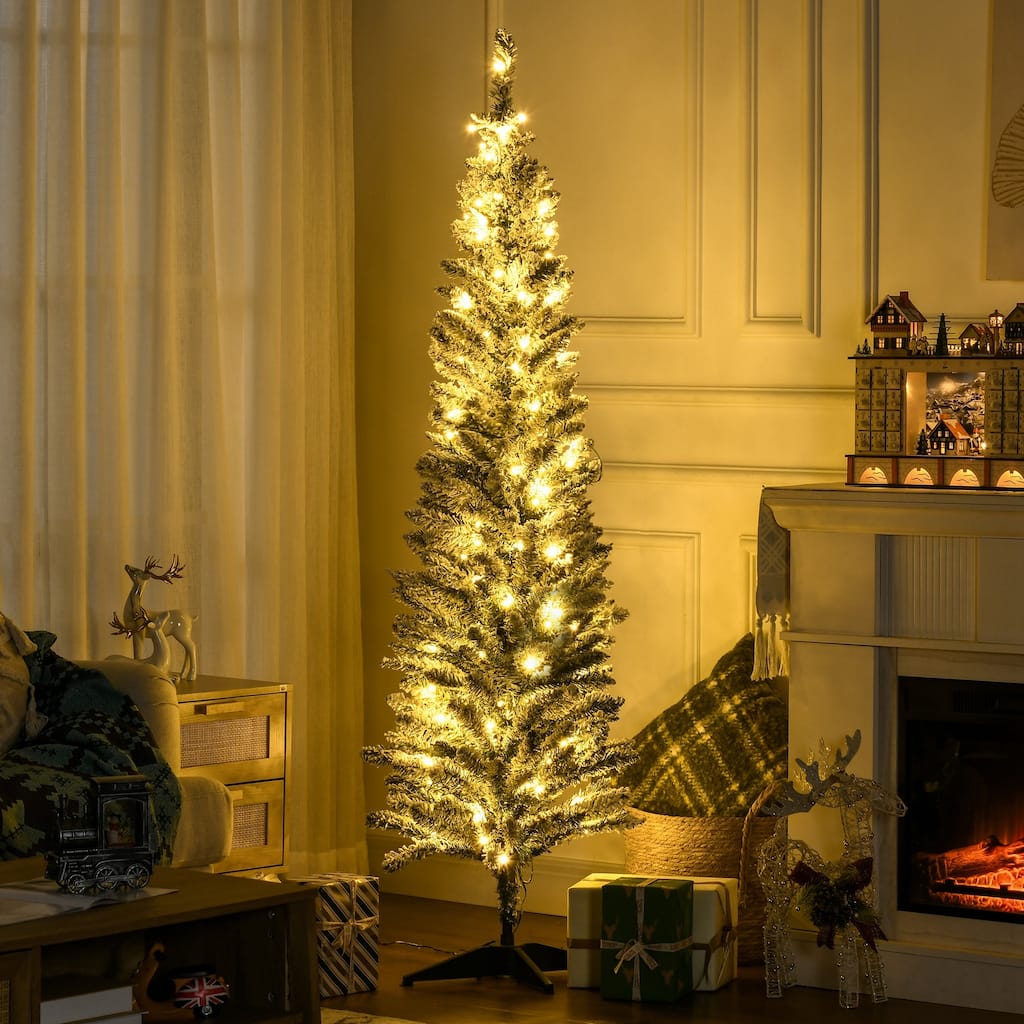 HOMCOM 6' Tall Pre-Lit Slim Noble Fir Artificial Christmas Tree with Realistic Branches, 170 Warm White LED Lights and 390 Tips
