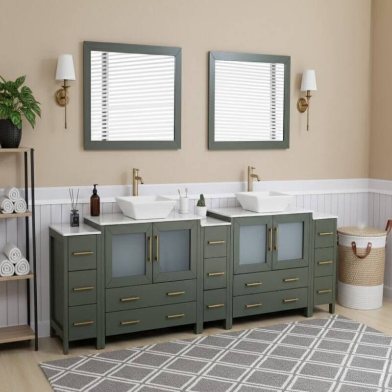 Vanity Art 108" Double Sink Bathroom Vanity Set with Engineered Marble Top and Free Mirrors