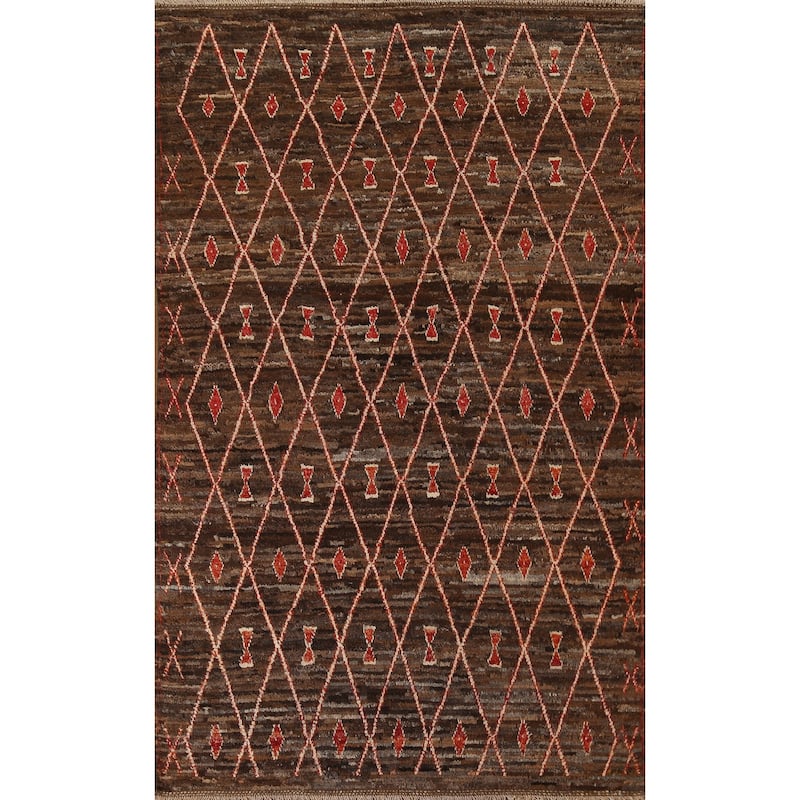 Hand Knotted Oriental 100% Wool Carpet Tribal Trellis Brown Moroccan Area Rug - 9' 11'' X 6' 8''
