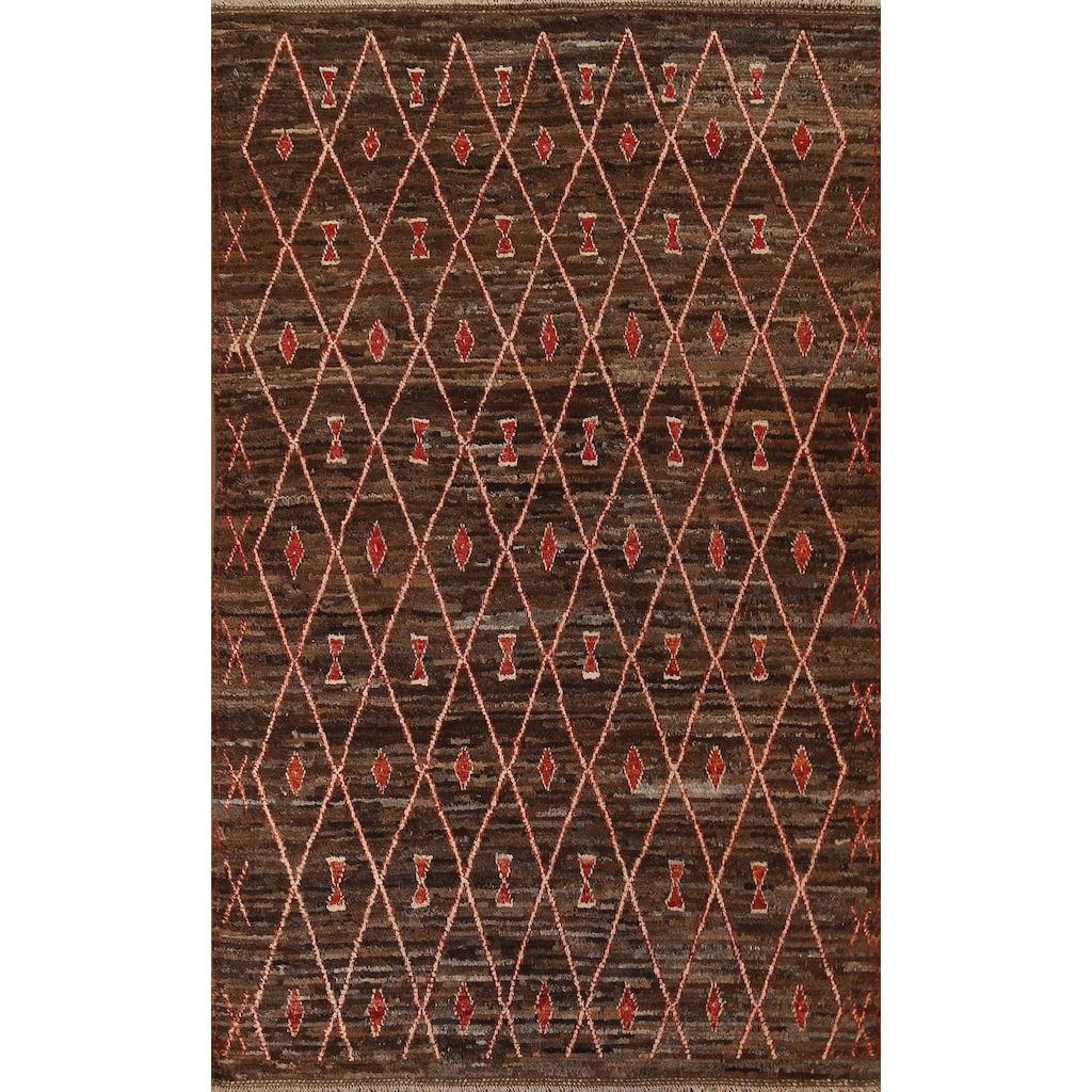 Hand Knotted Oriental 100% Wool Carpet Tribal Trellis Brown Moroccan Area Rug - 9' 11'' X 6' 8''