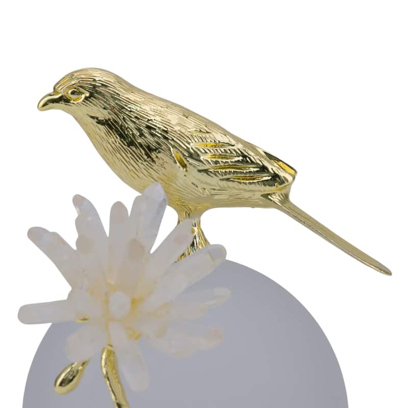Metal Bird Statue with Crystal Sphere Base - 7", Gold & White - 7.0"