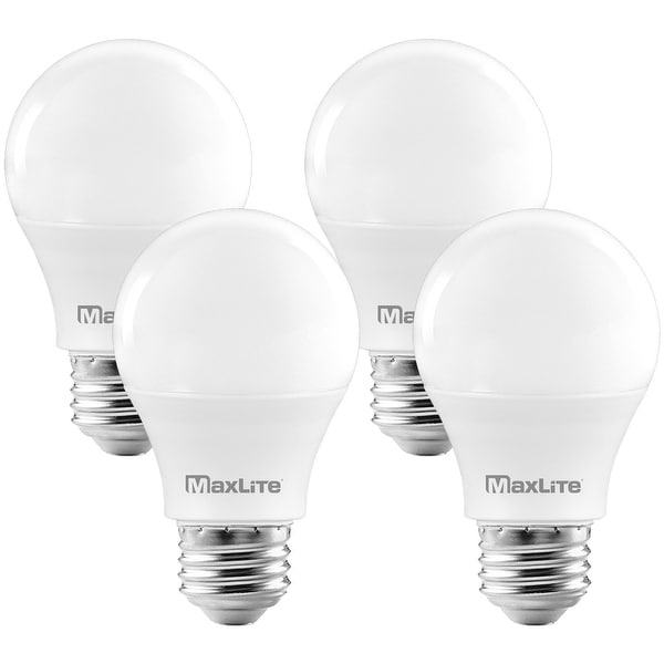 MaxLite A19 LED Bulb, Enclosed Fixture Rated, 60W Equivalent, 800 Lumens, Dimmable, E26 Base, 2700K Soft White, 4-Pack. Opens flyout.