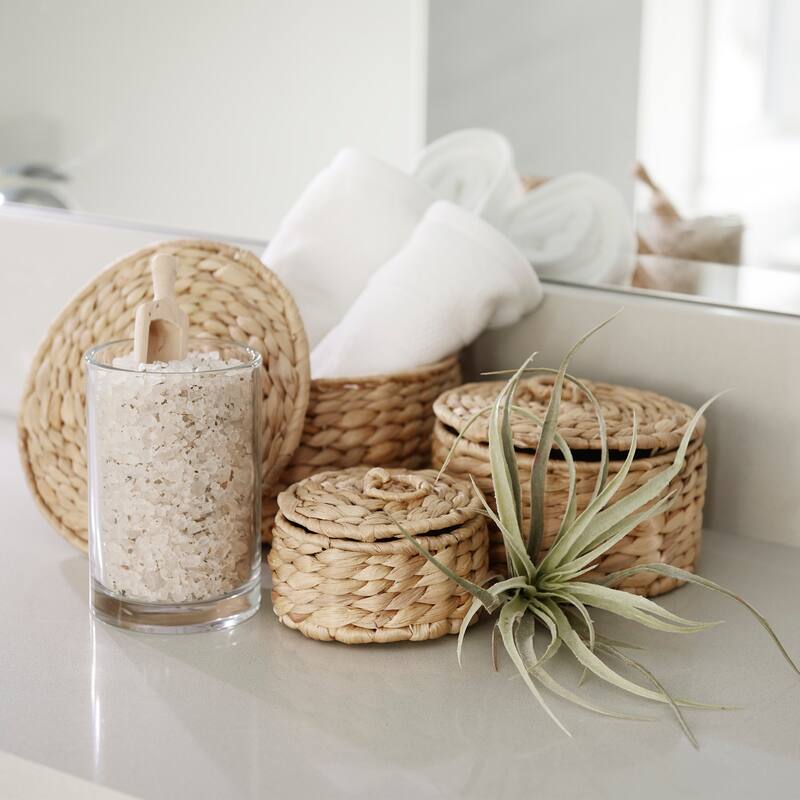 Kea Light Brown Weaved Water Hyacinth Round Nesting Boxes w/ Lids