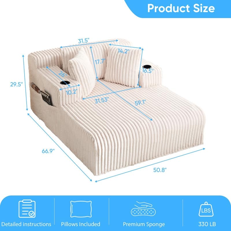 Mixoy Corduroy 51"Chaise Lounge 1-Seater Sofa Chair With Storage