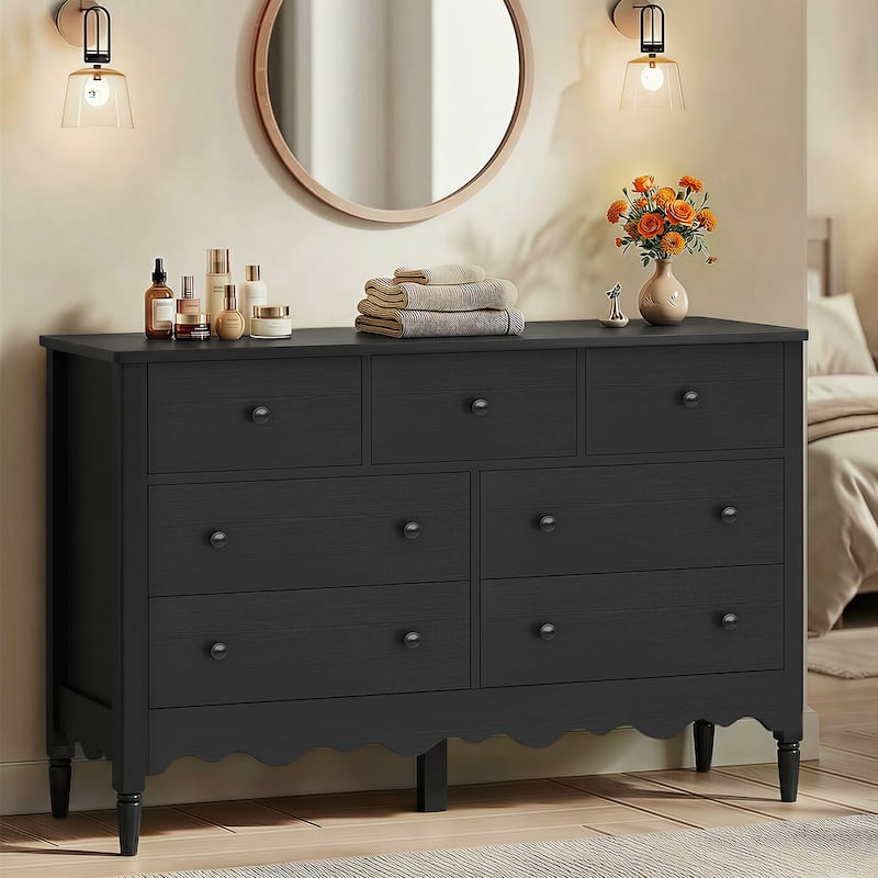 Narill Wave-Inspired 7-Drawer Dresser, 47-In Bedroom Chest of Drawers - Black