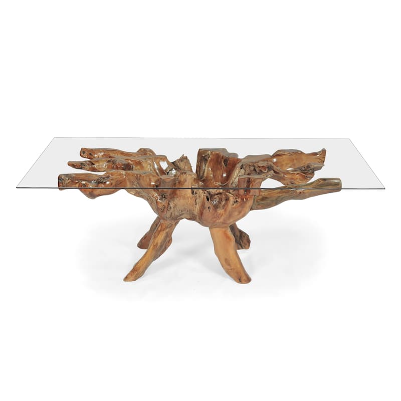 Chic Teak Rustic Teak Wood Root Dining Table Including 87 x 43 Inch Glass Top