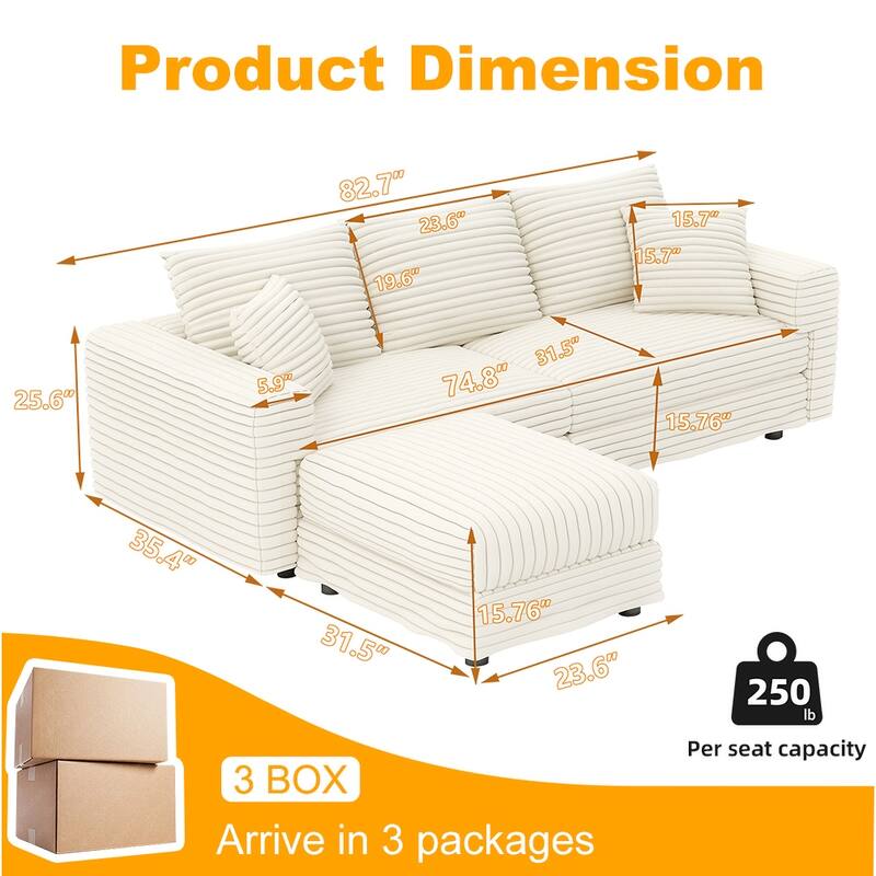 Modular Sectional Sofa with Ottomans, Oversized Corduroy Upholstered Cloud Sofa, Convertible Boneless Deep Seat Couch