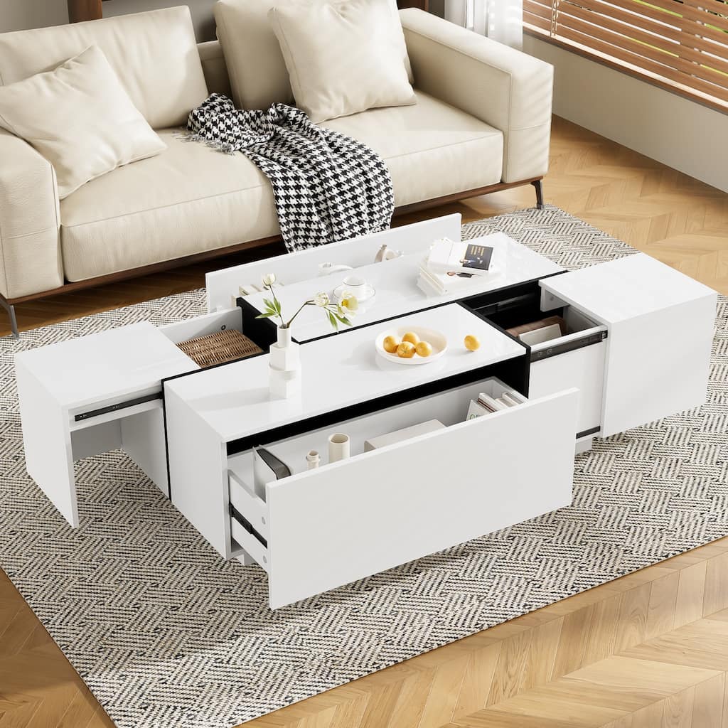 Extendable Rectangle Coffee Table, Tea Table for Living Room, Modern High-Gloss Center Table with Hidden Storage and 2 Drawers