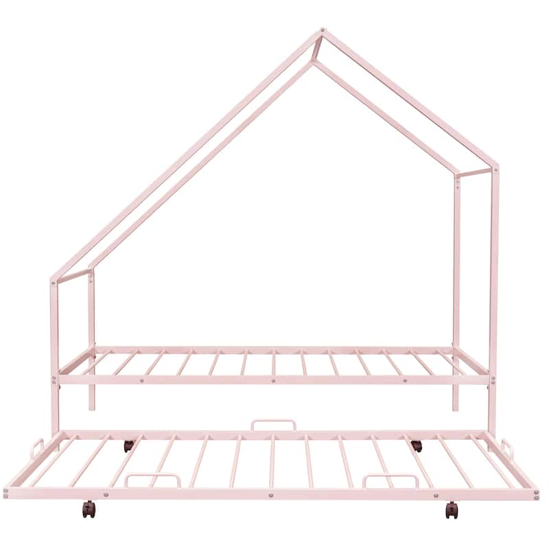 Kids Twin House Bed with Pull-Out Trundle, Metal Frame, Easy Assembly