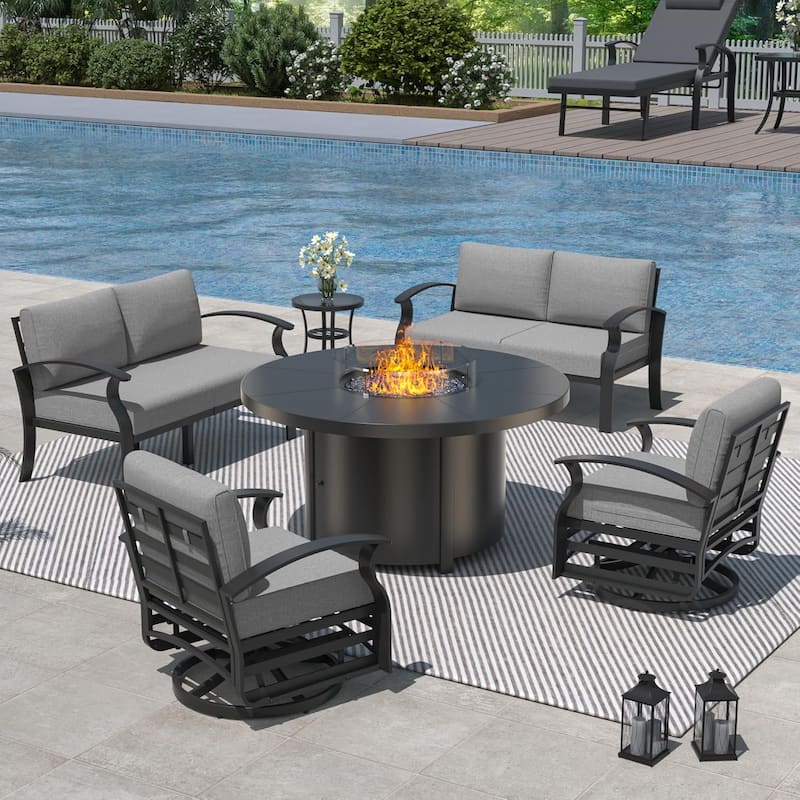 Patio Aluminum Sofa with Armrests, Outdoor Conversation Set with Round Fire Pit Table 5inch Thick Seat Cushions - 6Seats w/Swivel - Grey