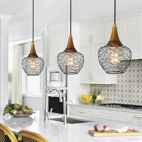 Modern Farmhouse 1-light Metal Wire Black Pendant Cage Mini Ceiling Lights for Kitchen Island - Black Wire - D 7" x H 11.5 "