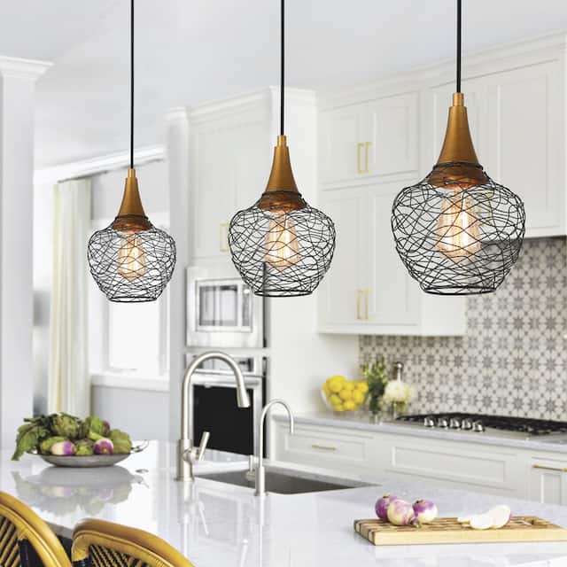 Modern 7inch Mini Farmhouse Cage Pendant Lights 1-light Metal Wire Black Ceiling Lights for Kitchen Island - D 7" x H 11.5 " 