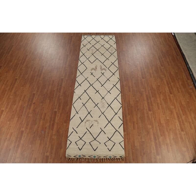 Hand Knotted Oriental 100% Wool Carpet Modern All-Over Beige & Ivories Moroccan Runner Rug - 13' 3'' X 3' 10''