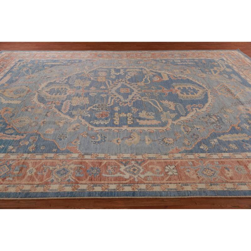 Hand Knotted Oriental 100% Wool Carpet Transitional Medallion Navy Blue & Blues Oushak Area Rug - 14' 6'' X 10' 0''