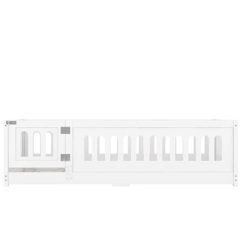 White Bed Frame Montessori Bed Twin Size Toddler Floor Bed with Guardrails and Door for Children Boys Girls Kids Playroom