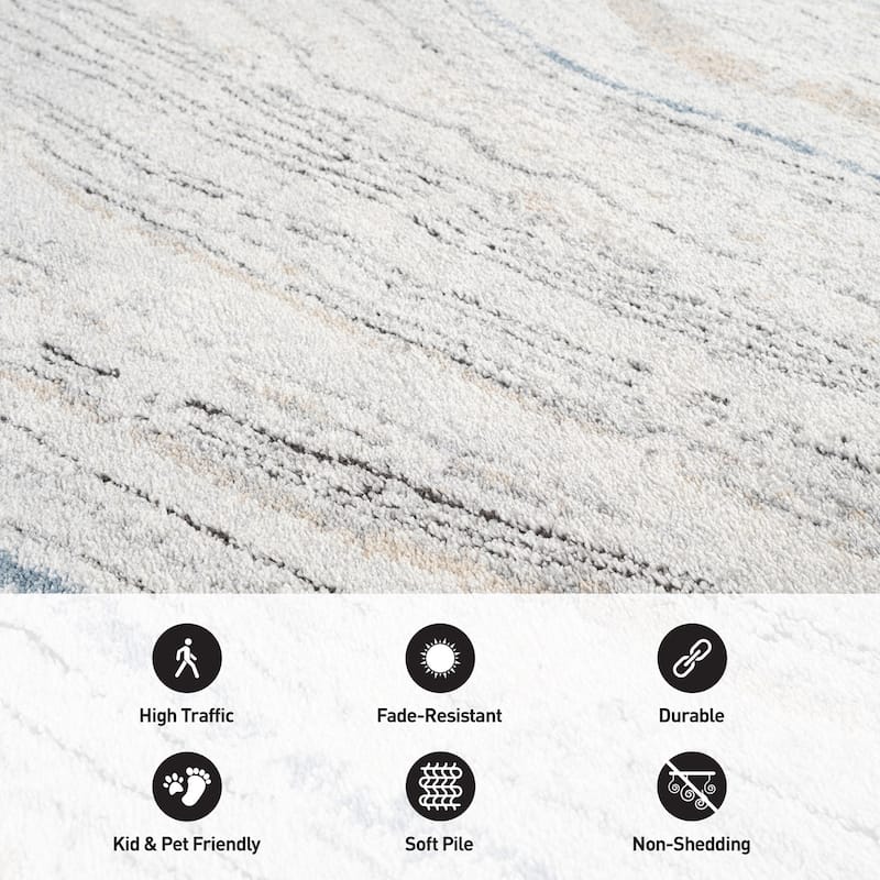 Marble Swirl Distressed Area Rug - Low-Pile Rug for Living Room, Bedroom - Polypropylene/Polyester with Jute Backing