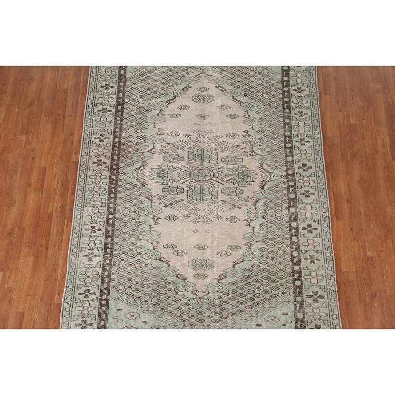 Distressed Anatolian Turkish Rug Hand-Knotted Green Wool Carpet - 5'7" x 9'1"