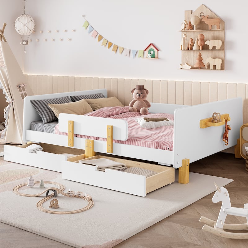 Full Size Platform Bed with Storage Drawers, Solid Wood Beds Frame with Bed Guardrail, Small Shelf, and Hooks
