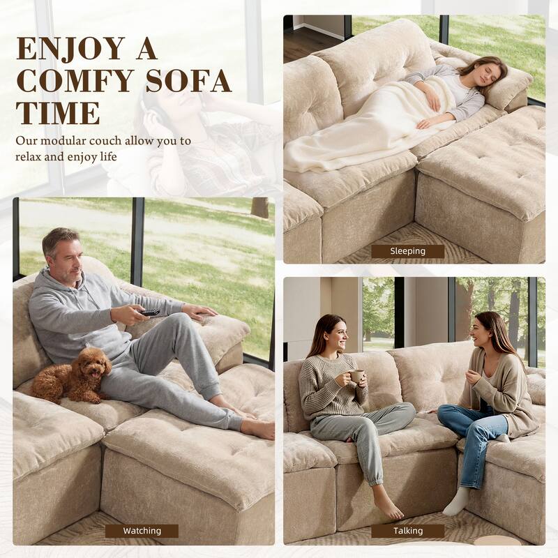 Rossetta 4-Seater Chenille Upholstery Modular Convertible Design Generous Seating Cushioned Sofa with 2 Versatile Ottomans