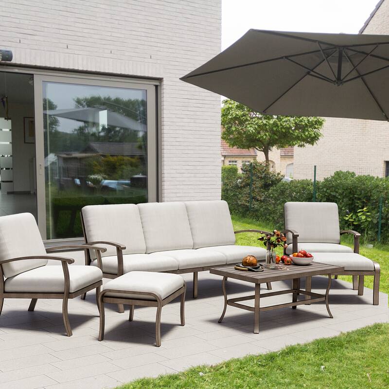 6-Piece Aluminum Patio Conversation Set with Coffee Table,Sofa, Ottoman and Light Gray Cushions