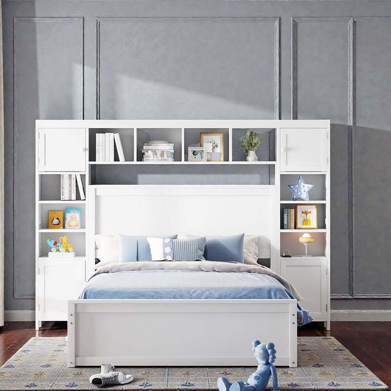 Wooden Platform Bed with Storage Headboard, Drawers, Twin Trundle and Built-In Outlets