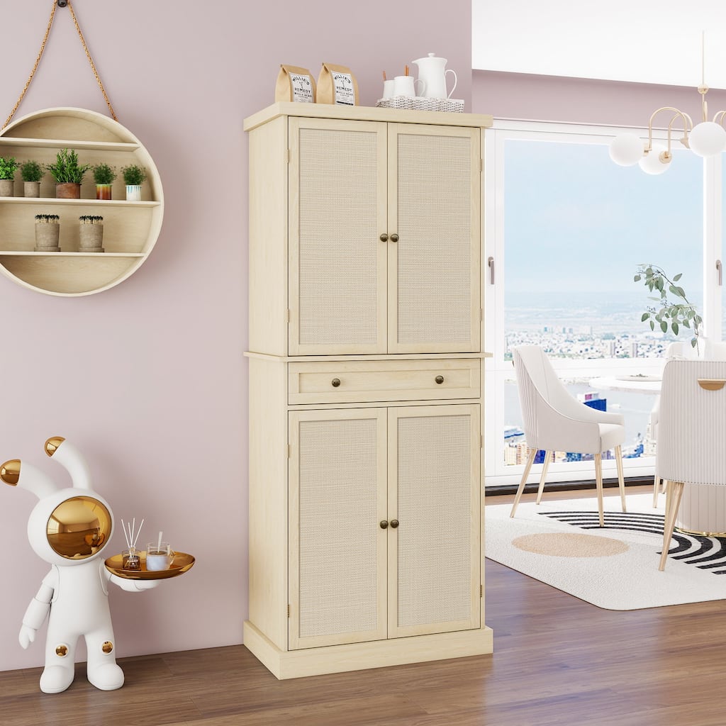 Pantry Cabinet with 4 Rattan Doors & 1 Drawer, Buffet Cabinet with Adjustable Shelves, Freestanding Wooden Storage Cabinet