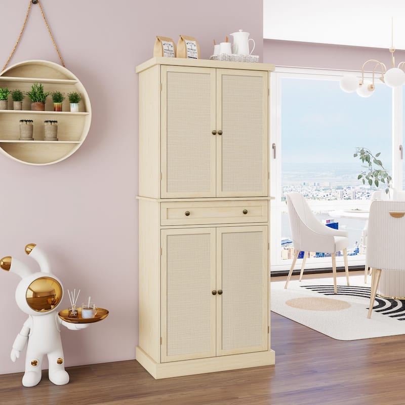 Pantry Cabinet with 4 Rattan Doors & 1 Drawer, Buffet Cabinet with Adjustable Shelves, Freestanding Wooden Storage Cabinet - Natural