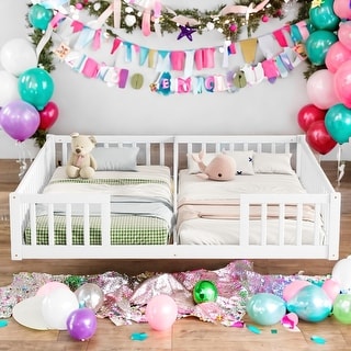 Sturdy Structure Double Twin Floor Bed with Fence,Guardrails