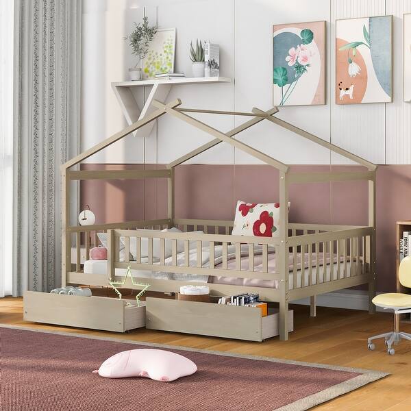 slide 2 of 9, Natural Full Size Wooden House Bed with Two Drawers and Guardrail, Imaginative Sky Roof, Spacious Storage Natural