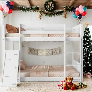 Floor Bunk Bed with Climbing Ramp,Ladder and Safety Guardrail,Twin Over Twin for Bedroom