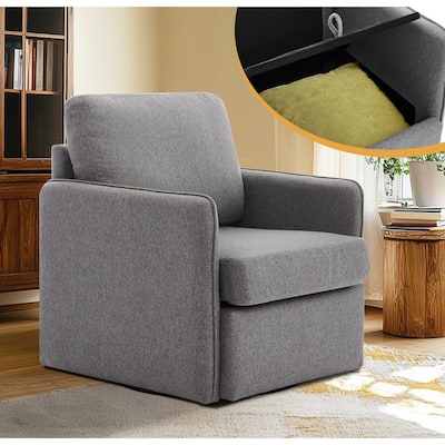 GDFStudio - Modern Swivel Storage Armchair, Upholstered Linen Accent Chair with Hidden Compartment and Metal Base