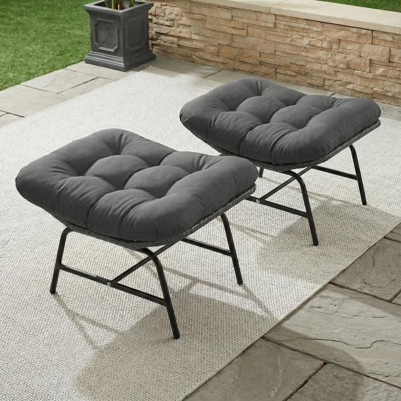 2-Piece Outdoor Wicker Ottomans with Cushions, Weather-Resistant Boho Patio Rattan Footrests for Garden, Porch, and Balcony
