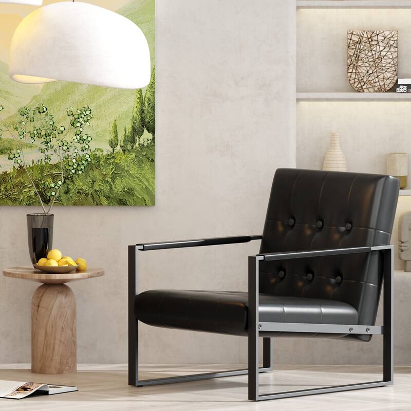 Mid-Century Style Faux Leather Accent Chair, Armchair with Steel Frame, Modern Single Sofa Chair for Living Room Bedroom Office