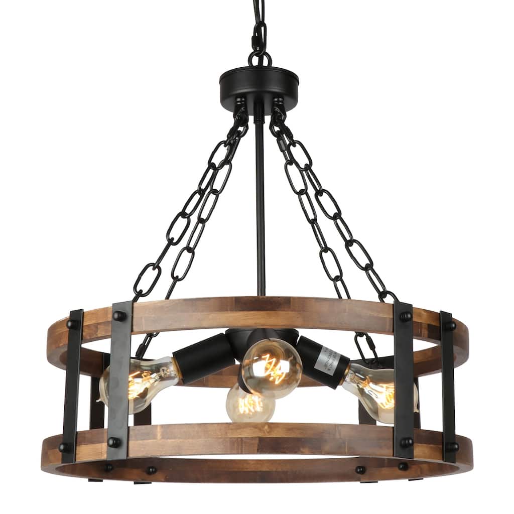 Anmytek Farmhouse Rustic Wood Chandelier 4-Light Drum Chandelier for Dining Room Pendant Hanging Light Fixture