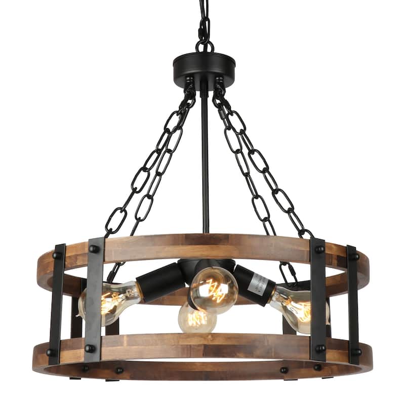 Anmytek Farmhouse Rustic Wood Chandelier 4-Light Drum Chandelier for Dining Room Pendant Hanging Light Fixture - Brown