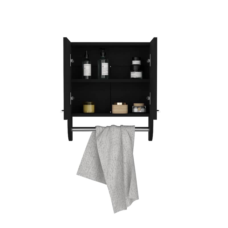 Medicine Cabinet with Two Interior Shelves and Integrated Towel Holder for Bathroom, Kitchen, or Mudroom